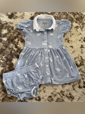 Little Sleepies Blue Striped Bunny Dress & Bloomers Set
